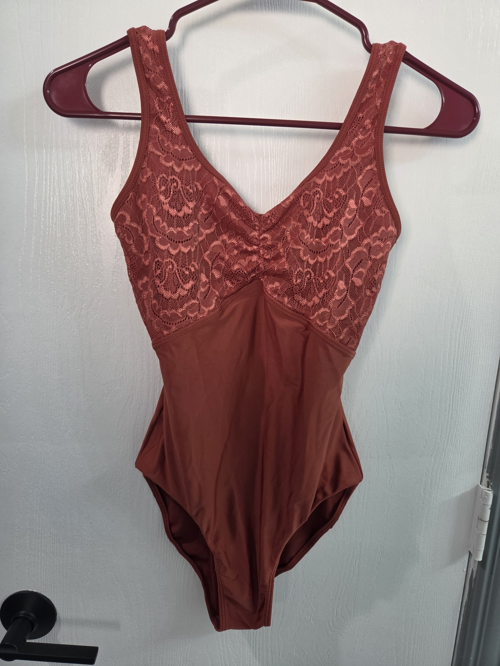 Lace-Trim One-Piece Leotard in Rust